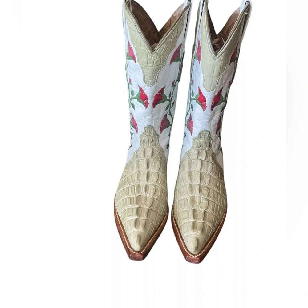 Botas Aguila Real Crocodile Boots Green Floral Leather Women’s Size 4.5